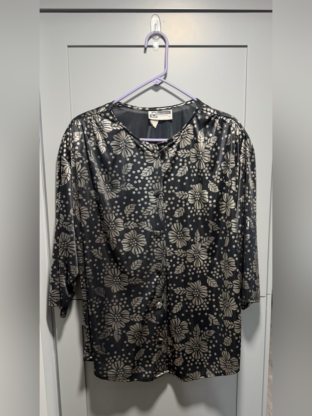 Black Satin Blouse with Silver Floral and Dot Print
